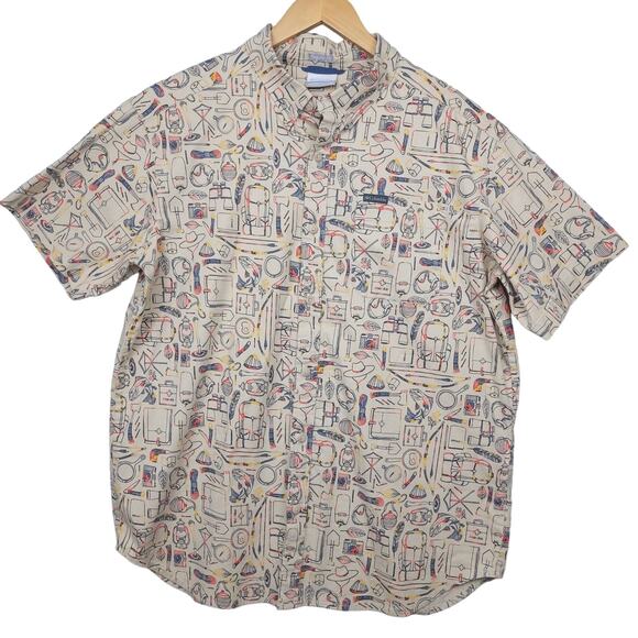 Columbia Men's Rapid Rivers Short Sleeve Button-Up Shirt Sz Large Beige AOP EUC - Picture 2 of 14